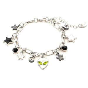 Silver Star Charm Bracelet with Alien Pendant